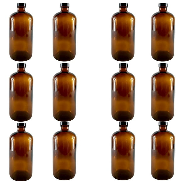 Bottle, Flint Glass, Amber Color, 32 ounce, with cap.  Pack 12.