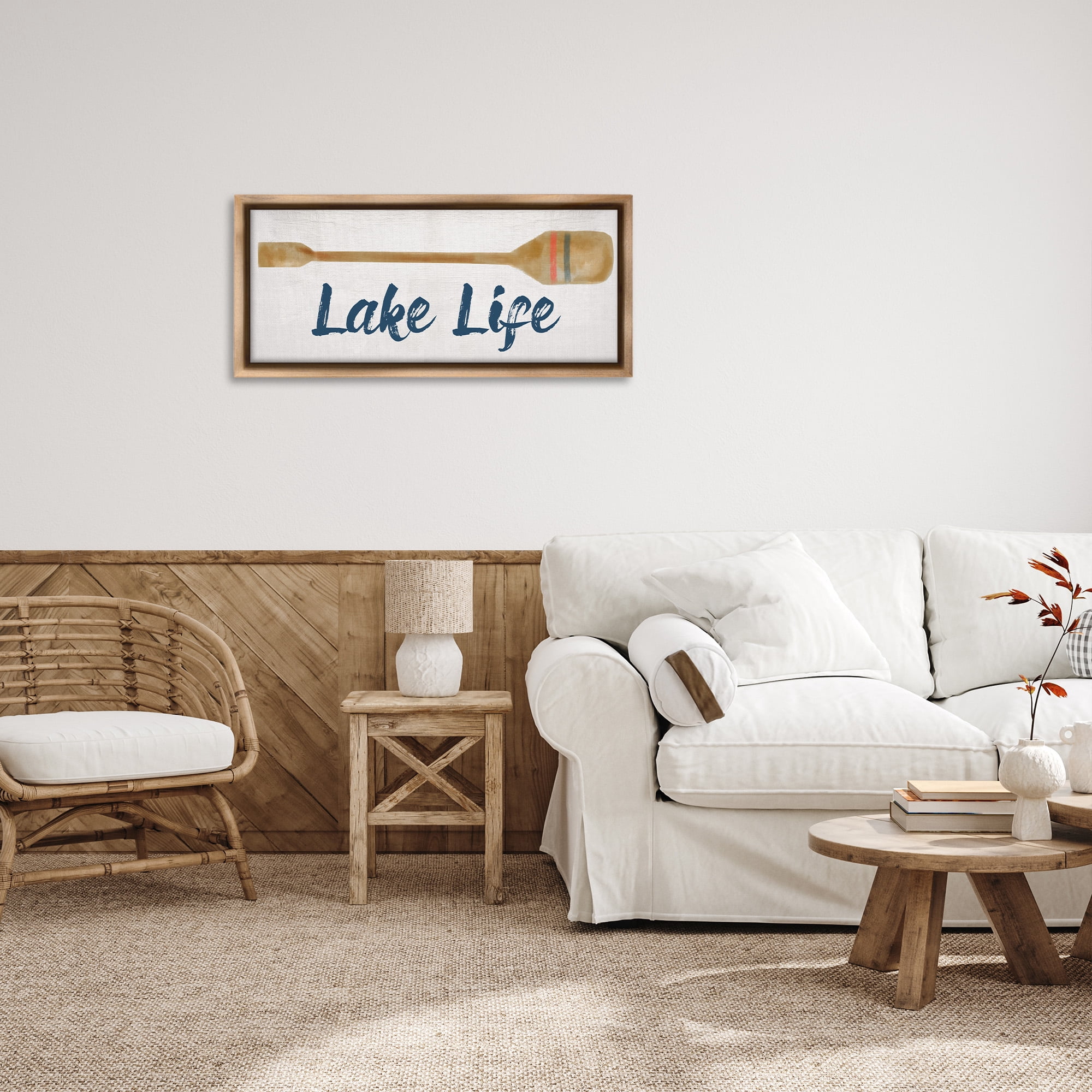 Stupell Industries Lake Life Boat Oar Inspirational Painting Brown Floater Framed Canvas Art Print Wall Art, 31 x 14