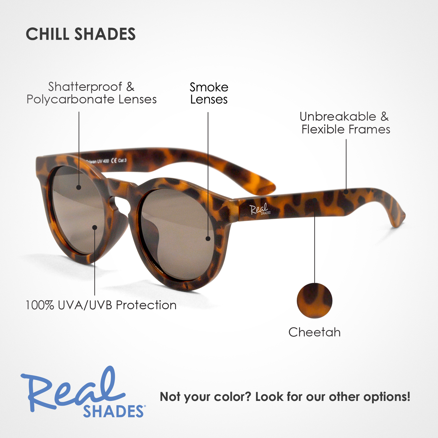 Real Shades Kids Chill Unbreakable UV Protection Fashion Sunglasses, Cheetah, Little Girl or Boy Age 4+