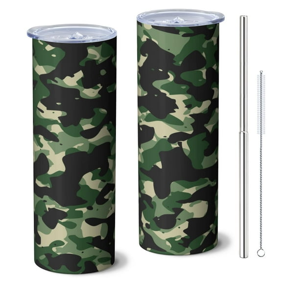 Camouflage 20 Oz Stainless Steel Skinny Tumbler – Vacuum Insulated Slim Travel Cup with Lid & Stainless Steel Straw, 360° Full Wrap Printed Tumbler for Home, Office & Outdoor Use