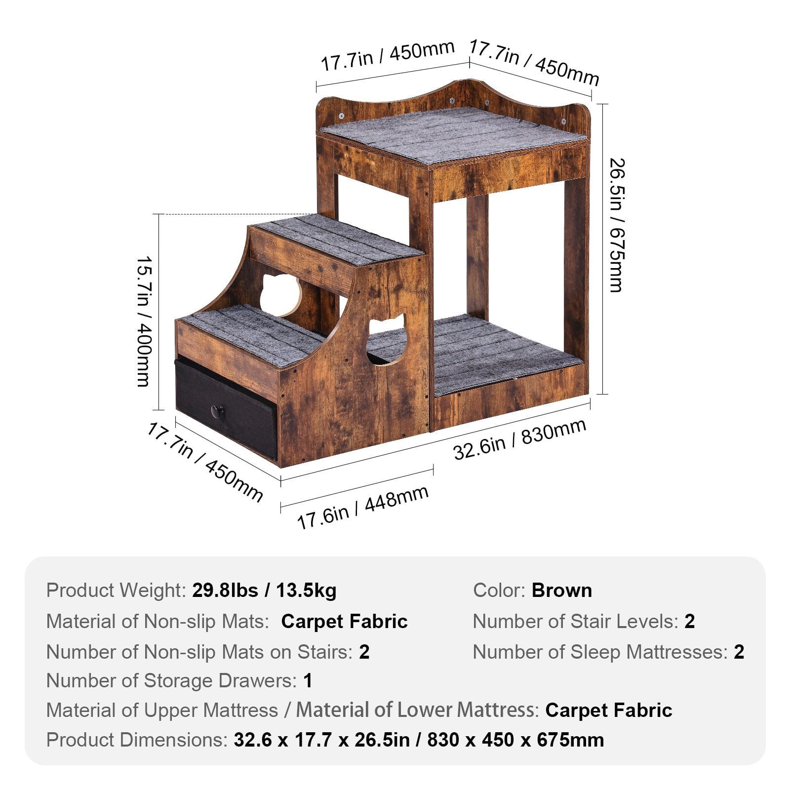 Indoor Pet Bunk Bed with Stairs – Dog/Cat Window Perch with Storage, Brown