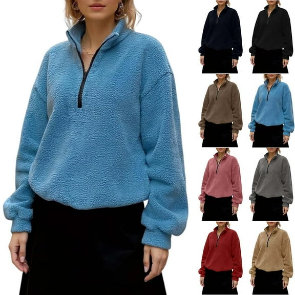 Horkkom Quarter Zip Pullover Women Fleece Soft V Neck Sweatshirt Casual Loose 1/4 Zip Sweatshirts L