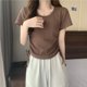 thumbnail image 1 of Camiseta de manga corta entallada con cuello redondo y cordón, sencilla y única, de corte entallado, a la moda, 1 of 6