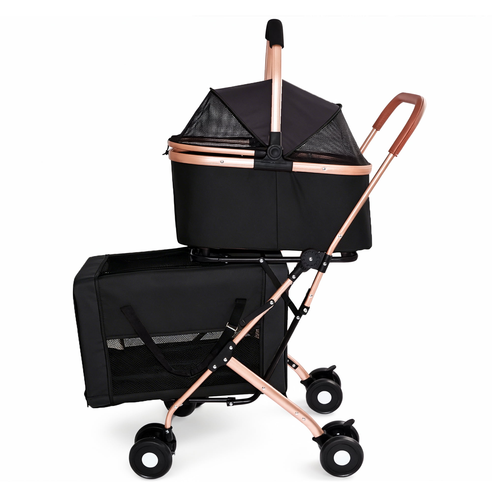 3-in-1 Double Decker Pet Stroller with Detachable Baskets Handbag, Each Layer Holds 15 LBS, Shockproof 360° Swivel Lockable Wheels, Dual-Button Foldable for Small Medium Dogs Cats Rabbits