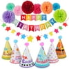 Outgeek Birthday Party Decoration Supplies Set Includes Happy Birthday Banner Paper Pom Pom Paper Cap & Star Banner