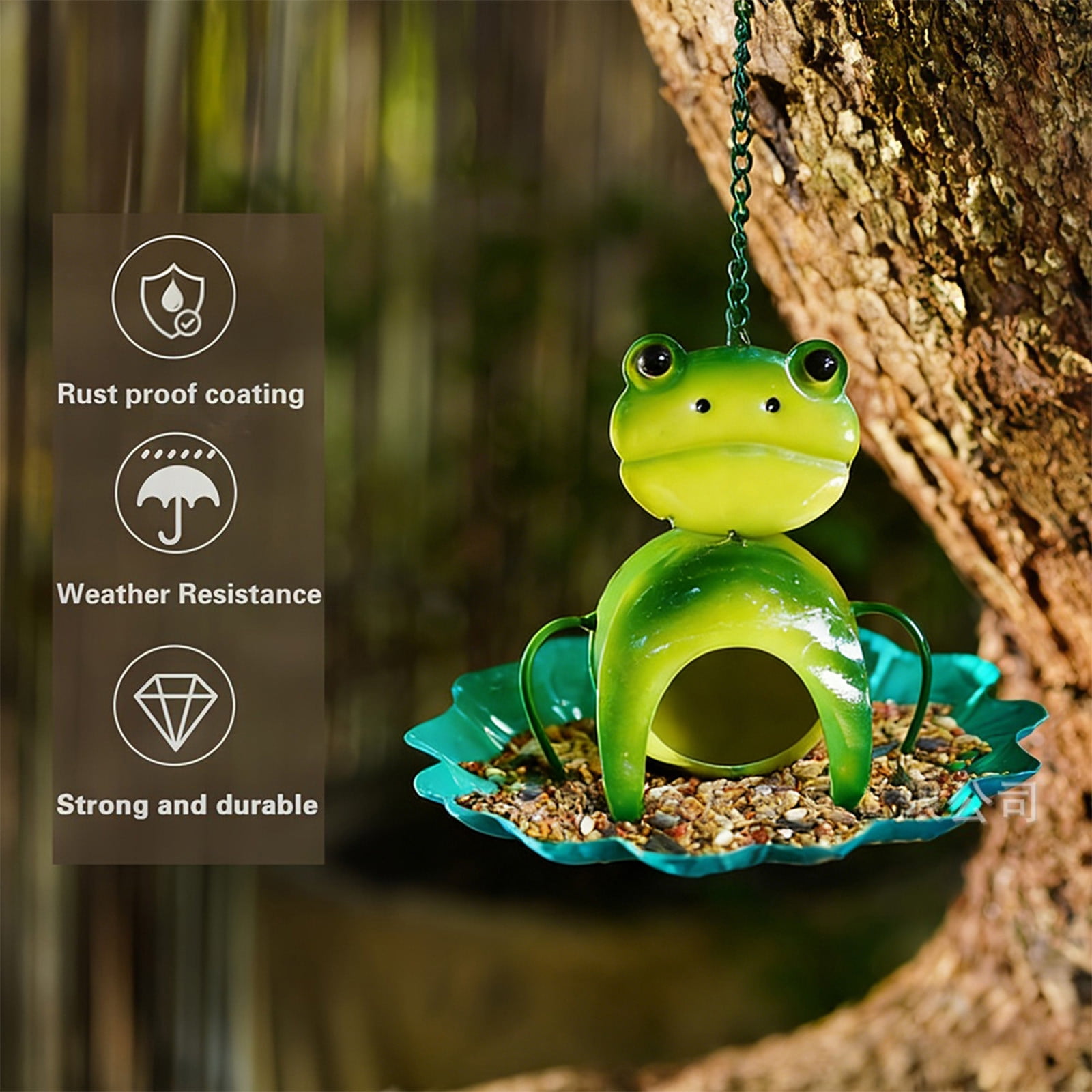 DAMAI Frog Shape Hanging Bird Feeder, Metal Outdoor Garden Bird Feeder Garden Decor, Hummingbird Feeder Decorative with Tray, for Yard Art Ornament Bird Feeder, Green Stand Station