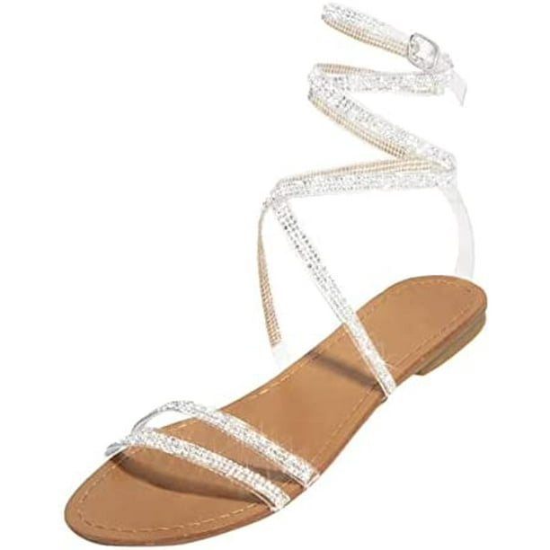Interaktion Danser Megalopolis Glitter Sandals for Women, Shiny Crystal Lace Up Sandals, Wrap up Ankle  Strap Flat Sandals, Rhinestone Strappy Flat Sandals - Walmart.com