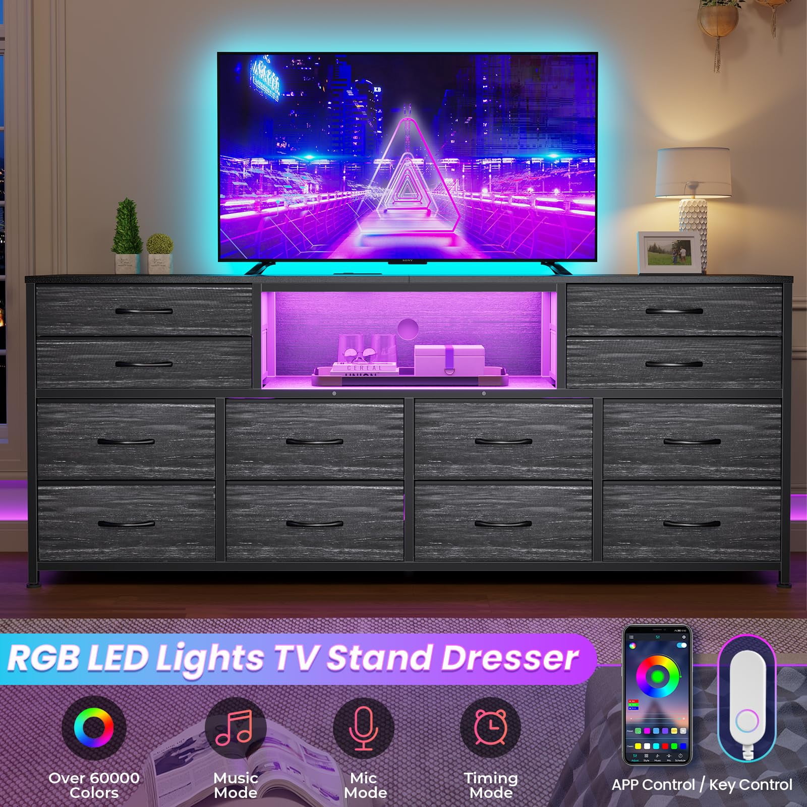 63 inch TV Stand Dresser with LED Light and Power Outlets for Bedroom , Media Console Table for 32/45/55/65 inch TVs,Entertainment Center with 12 Drawers,Black Wood Grain