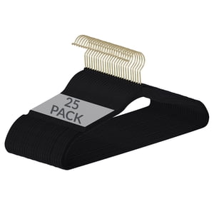Simplify 25-Pack Slim Velvet Gold Hook Hangers, Black