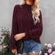 thumbnail image 3 of Top de manga larga para mujer, cuello simulado con volantes, manga acampanada, poliéster transpirable, color puro, blusa suelta para mujer para el trabajo diario, rojo vino M, 3 of 9