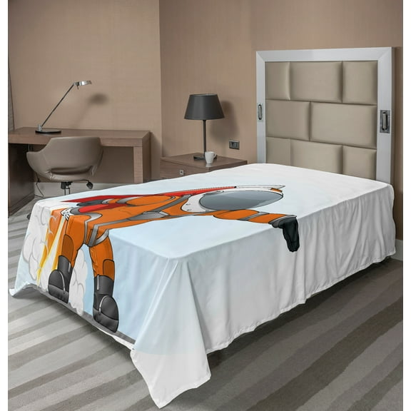 Ambesonne Space Flat Sheet, Astronaut Galaxy Journey, Twin Size, Orange Grey Red