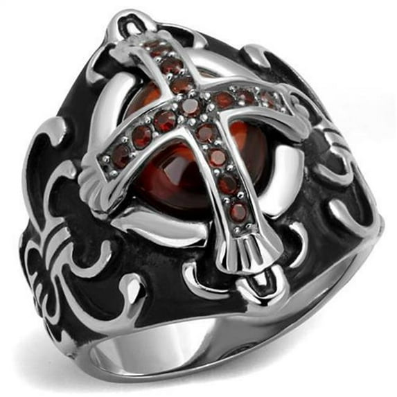 Men High Polished Stainless Steel Ring with AAA Grade CZ in Garnet - Size 10