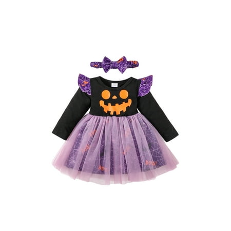 

Baby Girl 2-piece Outfit 3M 6M 9M 12M 18M 24M Smile Face Cobweb Print Tulle Dress with Headband Fall Outfit Halloween Clothes