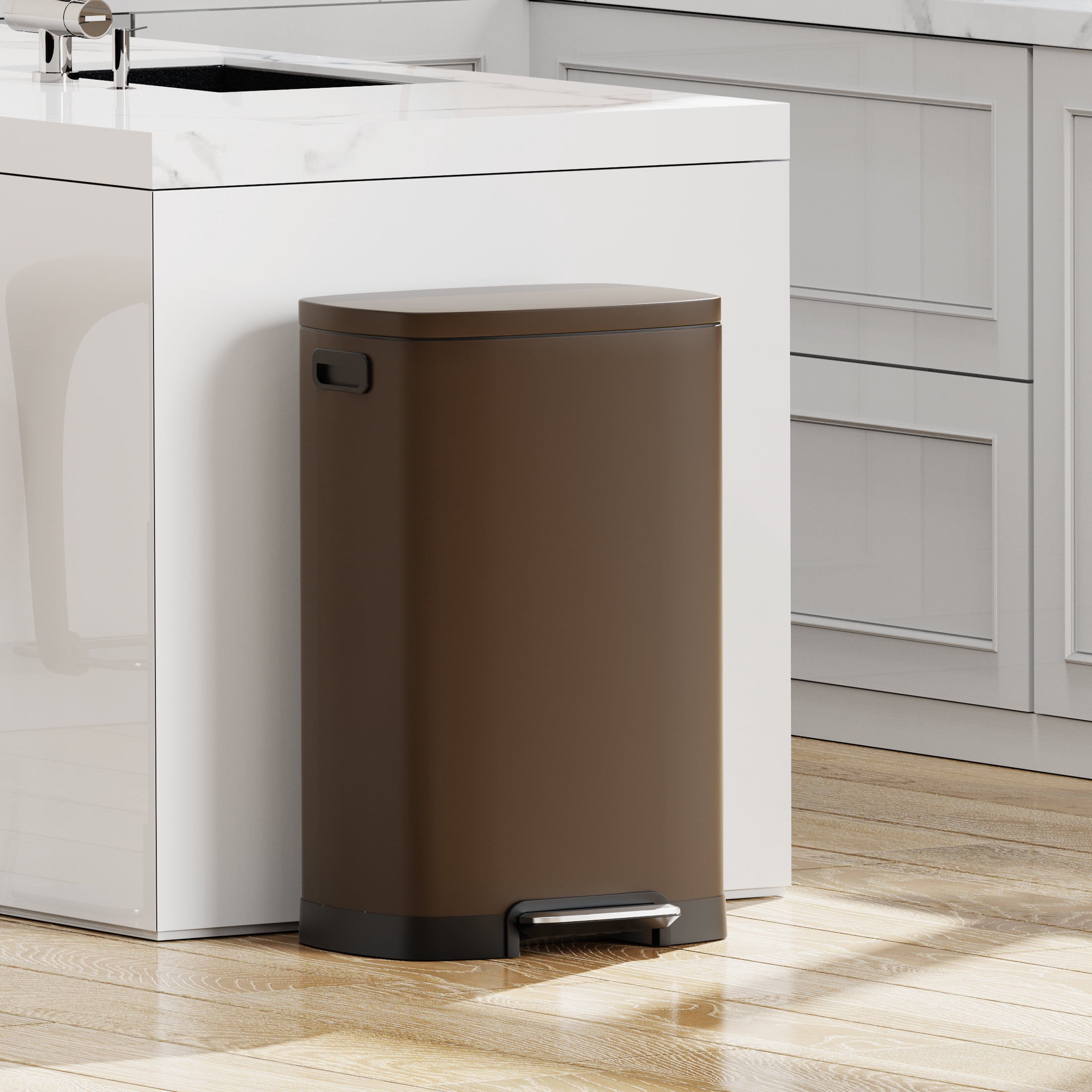 KSSKSS 13 Gallon Trash Can with Lid,Fingerprint-Proof Stainless Steel Kitchen Trash Can with Soft-Close Lid and Removable Inner Bucket,Brown