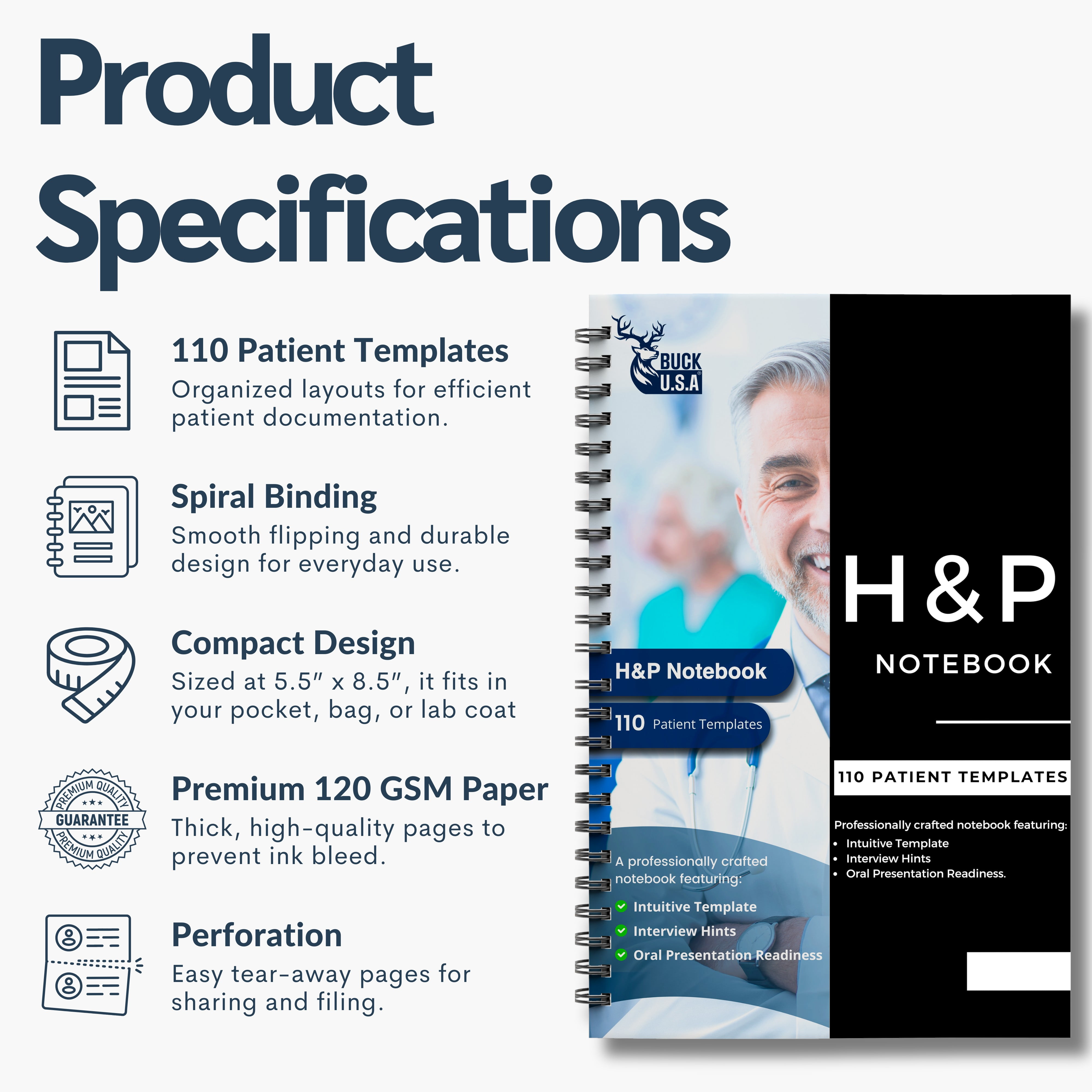 H&P Notebook: 110 Perforated Medical History & Physical Templates, 2-Page View, Spiral-Bound, Pocket Size 8.5"x5.5", Includes Medicine Reference Sheet, Ideal for Students & Professionals - 1 Pack