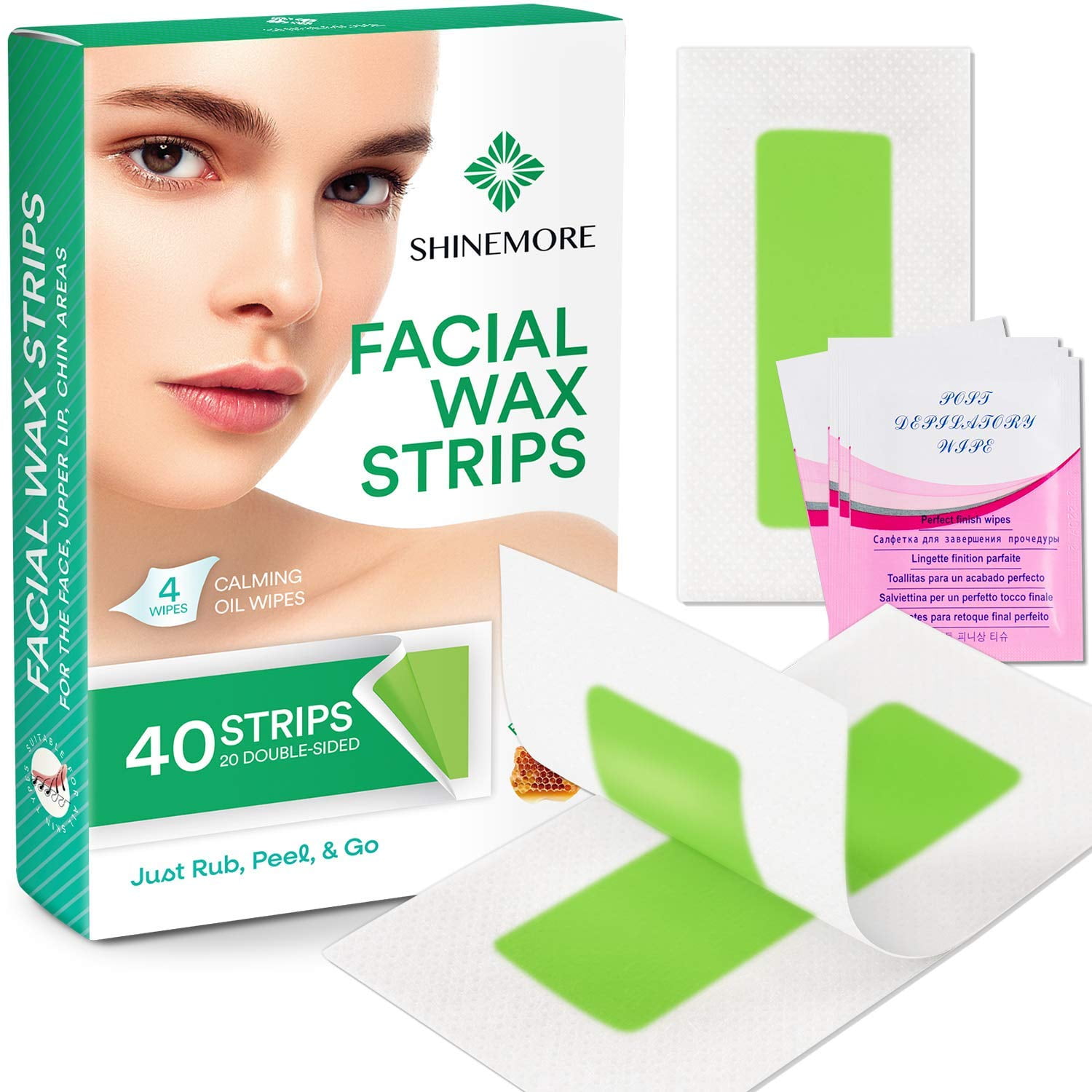 ShineMore Facial Wax Strips - Facial Hair Removal For Women - Gentle and  Fast-Working for Face, Eyebrow, Upper Lip, Chin - For All Skin Types (40 Wax  Strips + 4 Calming Oil Wipes) 