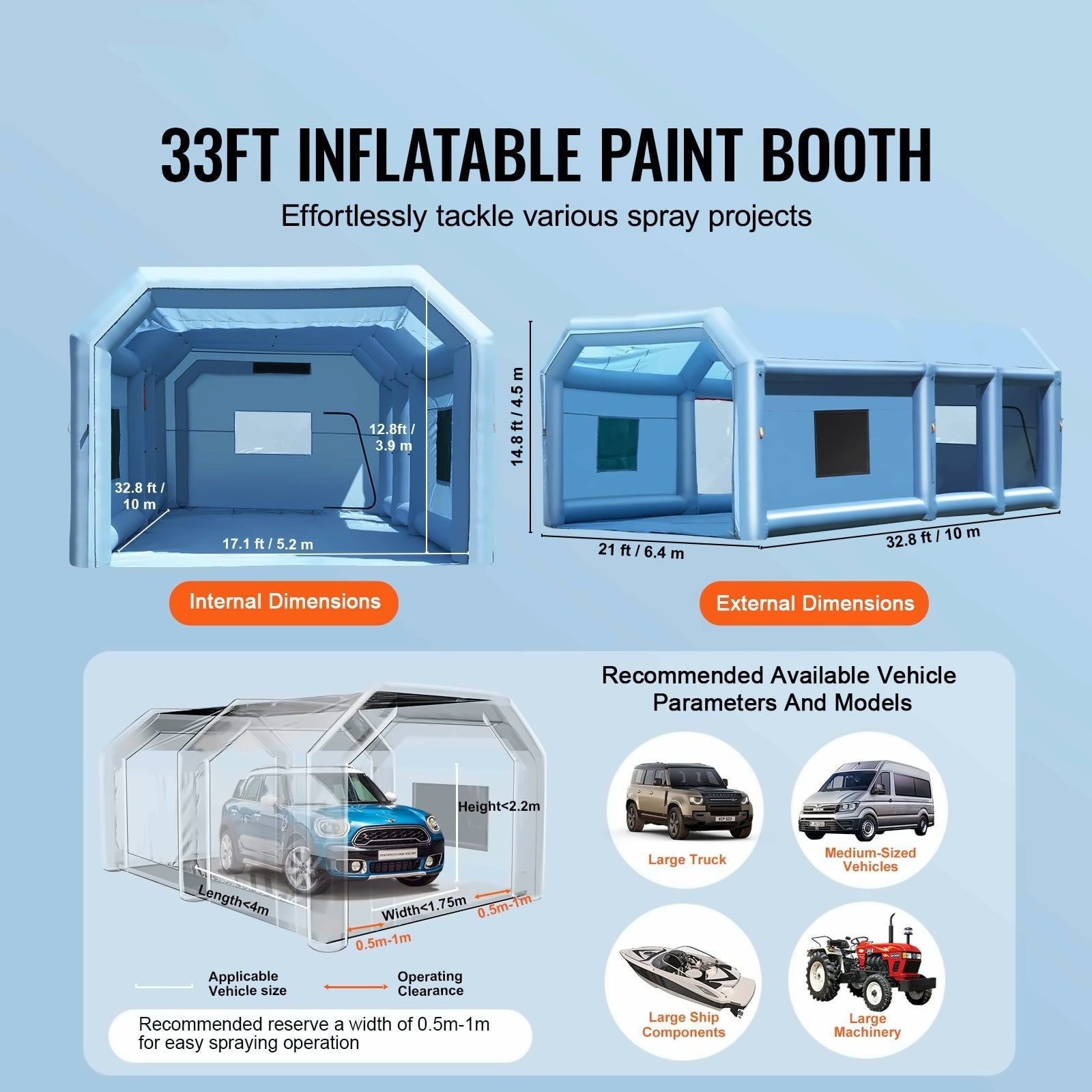 Inflatable Paint Booth 32.8x21x14.8ft, Portable Spray Booth with Blowers & Filters for Trucks, Vans, Machinery, Large Vehicle Painting
