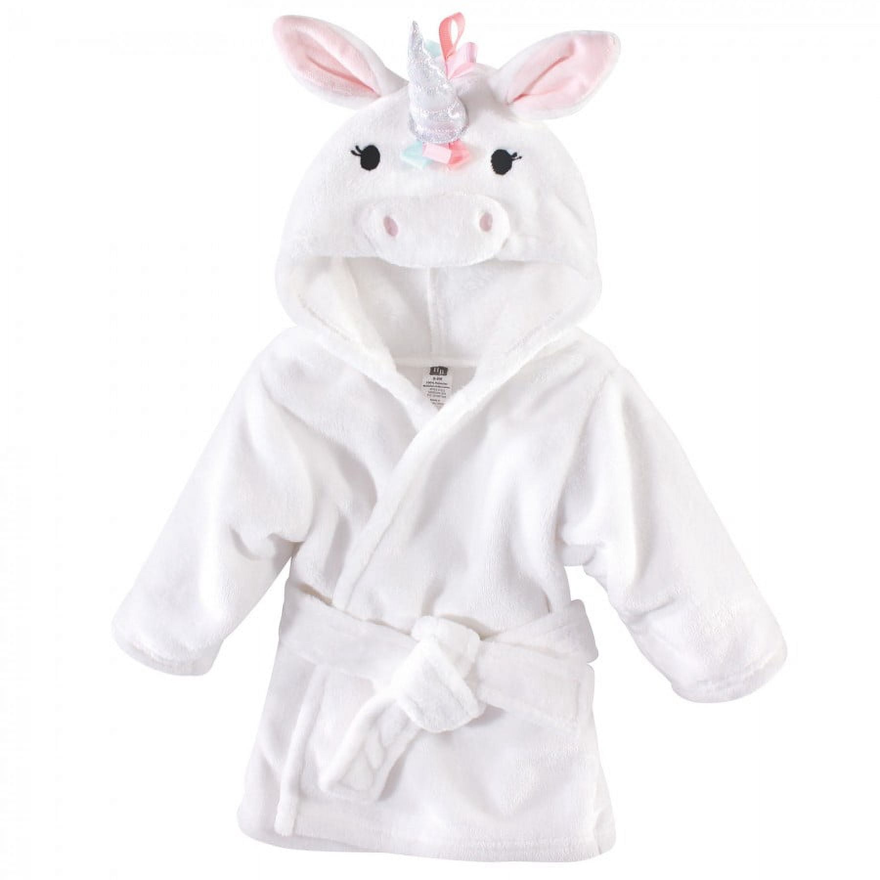Hudson Baby Infant Girl 2Pc Plush Animal Face Bathrobe, Gray Whimsical Unicorn Rainbow Unicorn, 0-9 Months