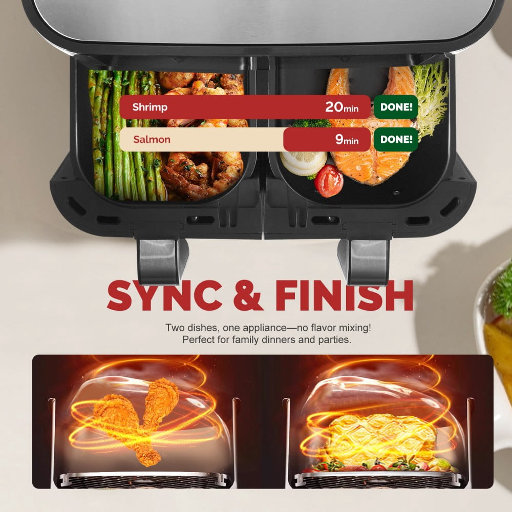 MIRASTON 10QT Digital Dual Basket Air Fryer, 1800W Stainless Steel Kitchen Cooker for Family Meals