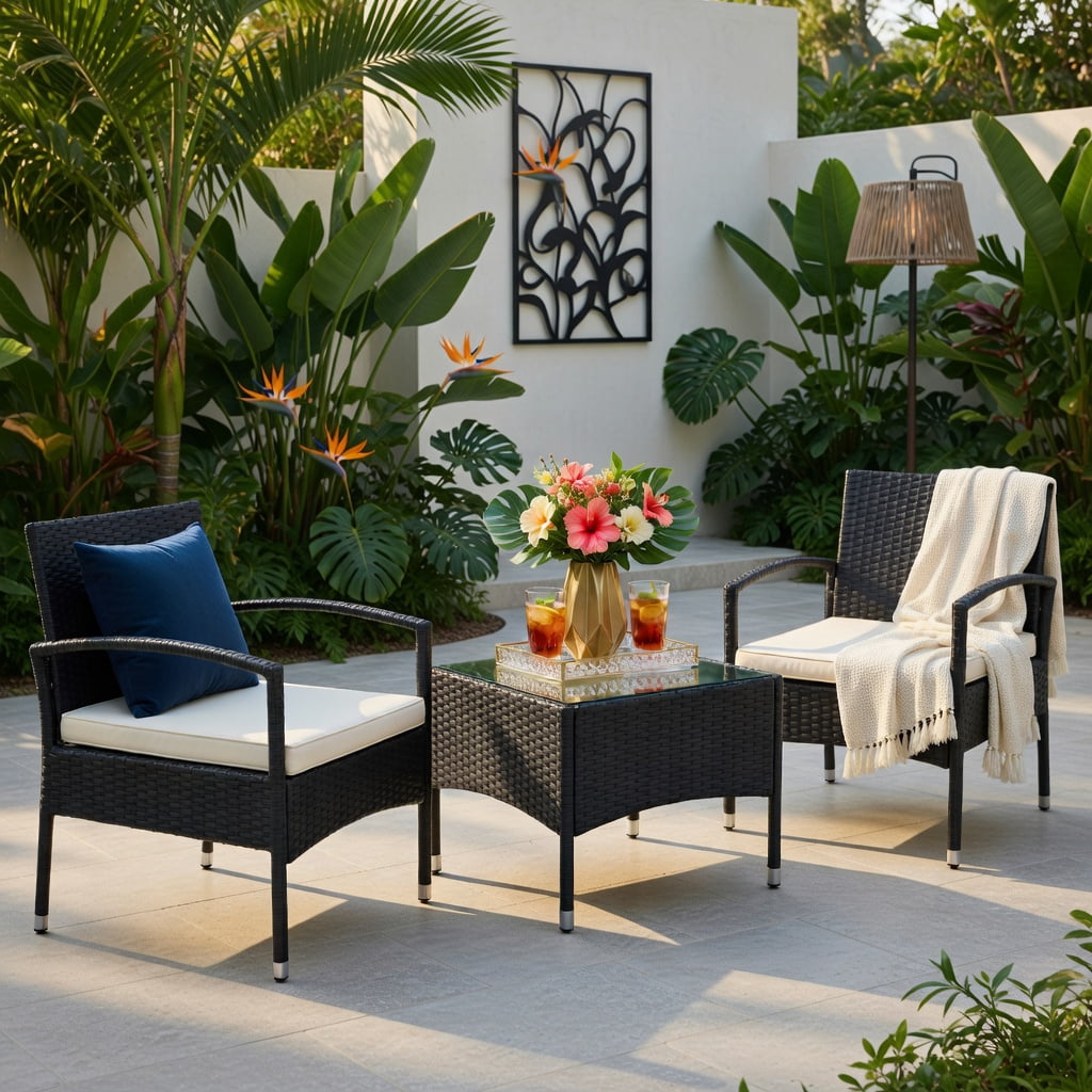Hommoo 3-Piece Outdoor Wicker Patio Furniture Set, PE Rattan Chairs with Thick Cushions + Tempered Glass Coffee Table, Weather-Resistant for Backyard, Garden & Patio, White