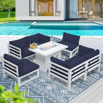 RADIATA 7 Pieces Aluminum Outdoor Patio Sectional Furniture Sofa Set with Fire Pit Table Large Size Luxury Comfortable Durable Water/UV-Resistant Garden Porch Backyard Party (Navy Blue Cushion)