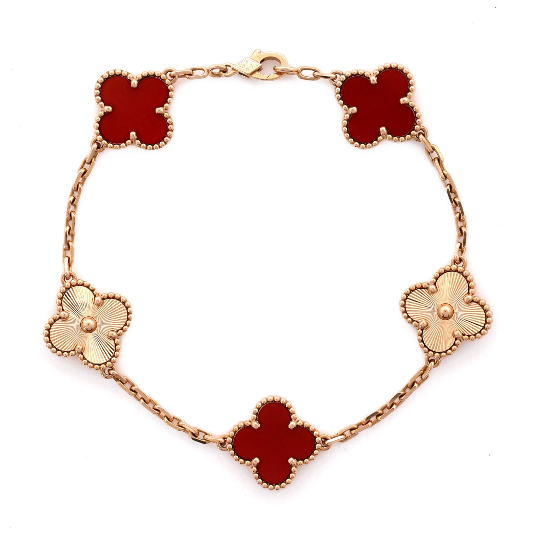 VAN CLEEF & ARPELS Pre-Owned Vintage Alhambra 5 Motifs Bracelet Guilloche 18K Rose Gold and Carnelian By Rebag