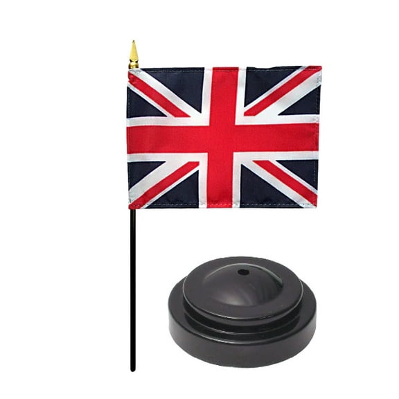 UK Desk Flag with Base; American Made Rayon 4x6 inch Miniature Table Set Includes One Small Mini Country Stick Flags and One Black Stand (UK Desk Flag and Base)