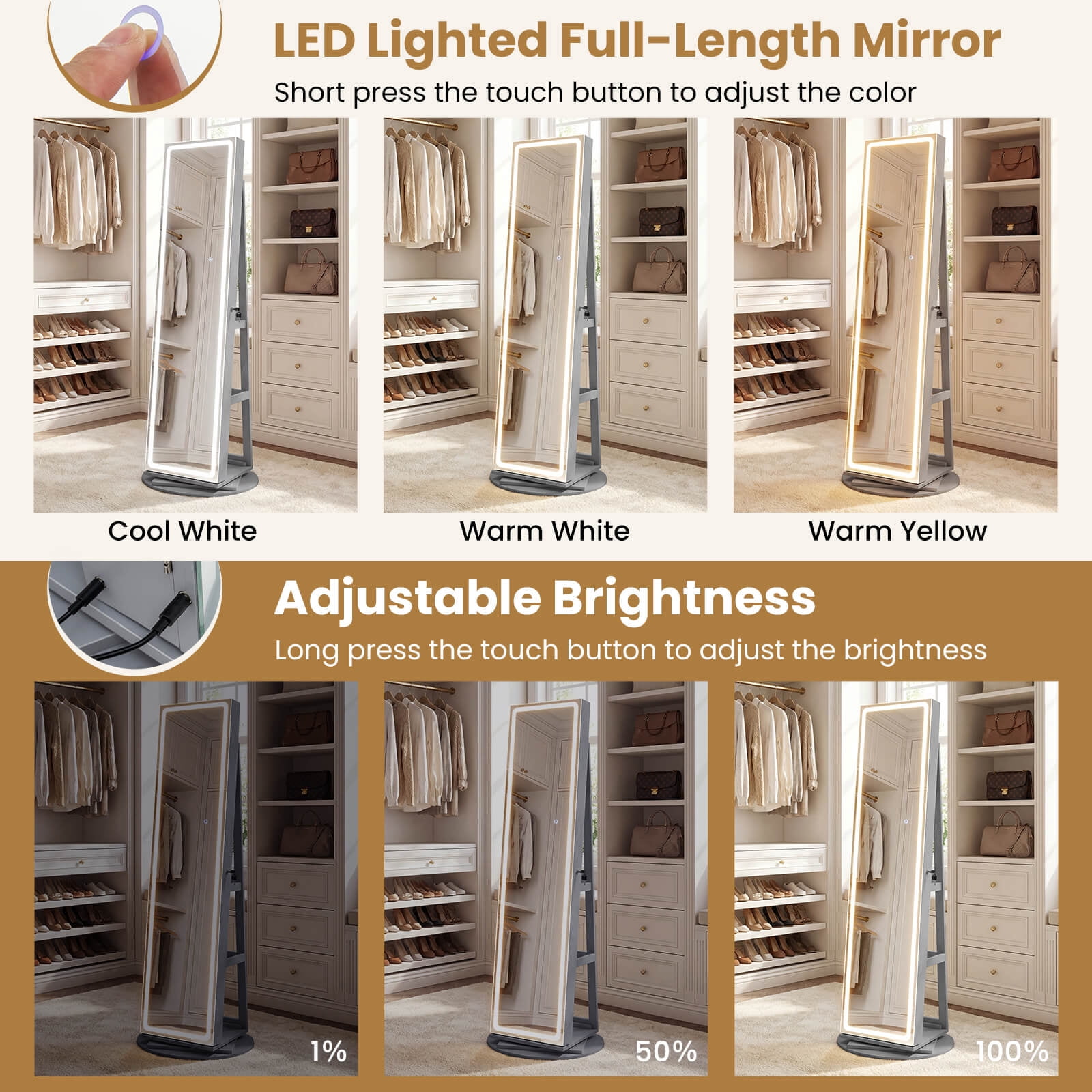 Costway 360° Swivel Jewelry Cabinet with LED Lights, Full-Length Mirror & Makeup Mirror Gray