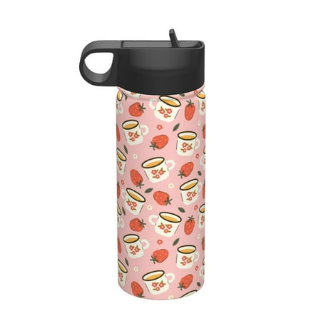 

Gaeub Floral Mugs And Strawberries Printed 18oz Sports Insulated Kettle With Straw Sports Insulated Bottle Water Bottle For Running Hiking Cycling Climbing Mens Womans Insulated Water Bottle