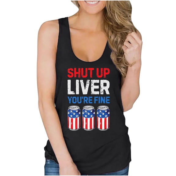 QLEICOM Womens 4th of July Tops Independence Day Popular American Flag Printed T-shirt Flag Print Tank Sleeveless Summer Loose Fitting Tee Tops Blouses Black L