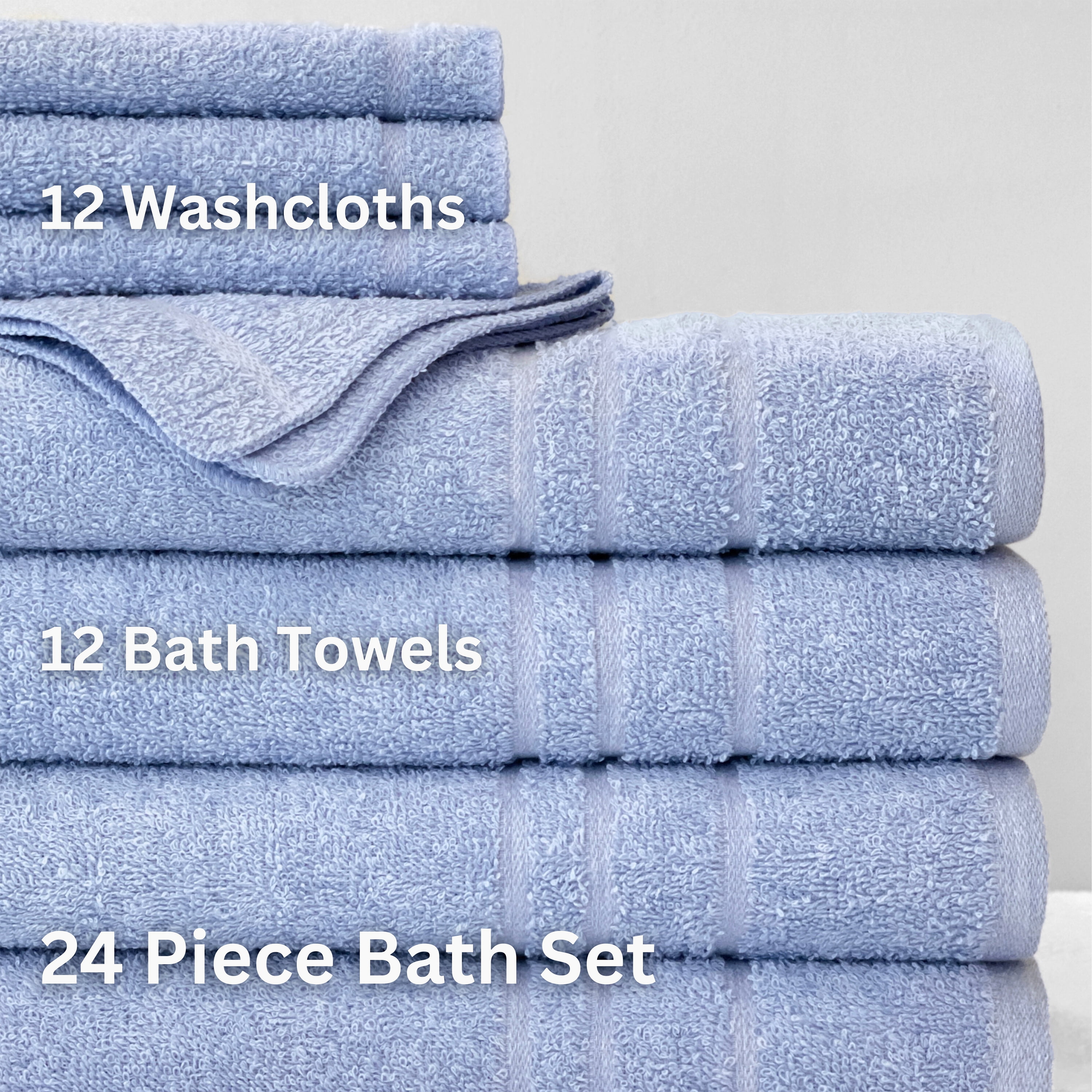 True Hue 24 Piece Cotton-Recycled Polyester Bleach Safe Bath Towel Set, Blue