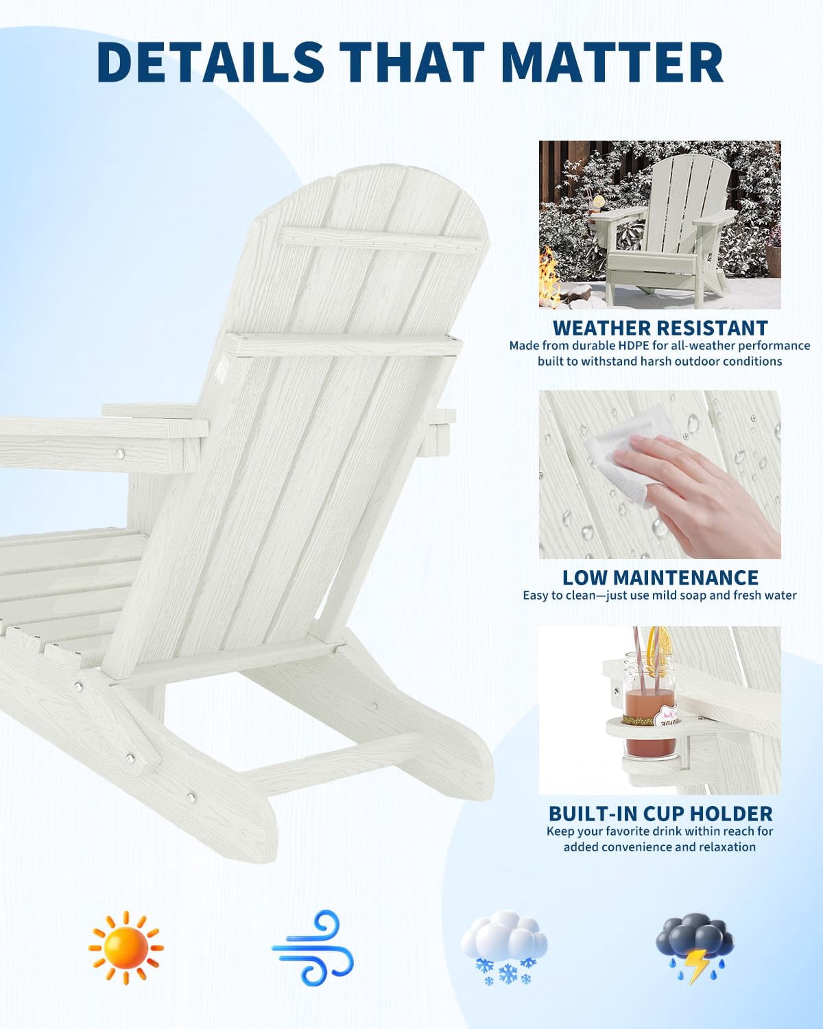 Folding Adirondack Chair Set of 4, All-Weather HDPE Outdoor Chair, Wooden Textured with Cup Holder for patios, Decks, Gardens, fire pits, White