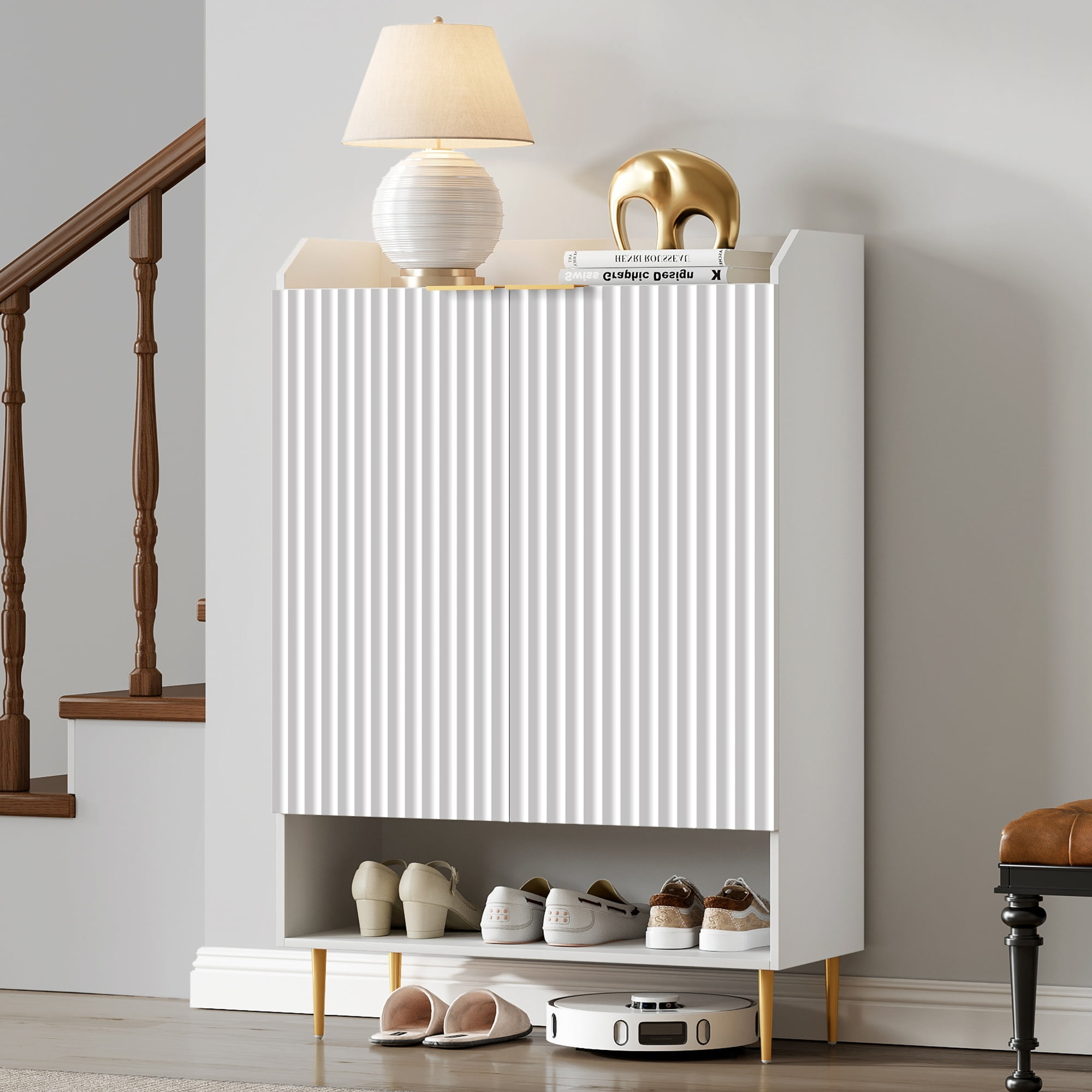SICOTAS 50.7"H Tall Shoe Storage Cabinet with 2 Fluted Doors & 4 Adjustable Shelves, High-Gloss White 7-Tier Modern Shoe Cabinet up to 24 Pcs, Narrow Shoe Organizer Cabinet for Entryway