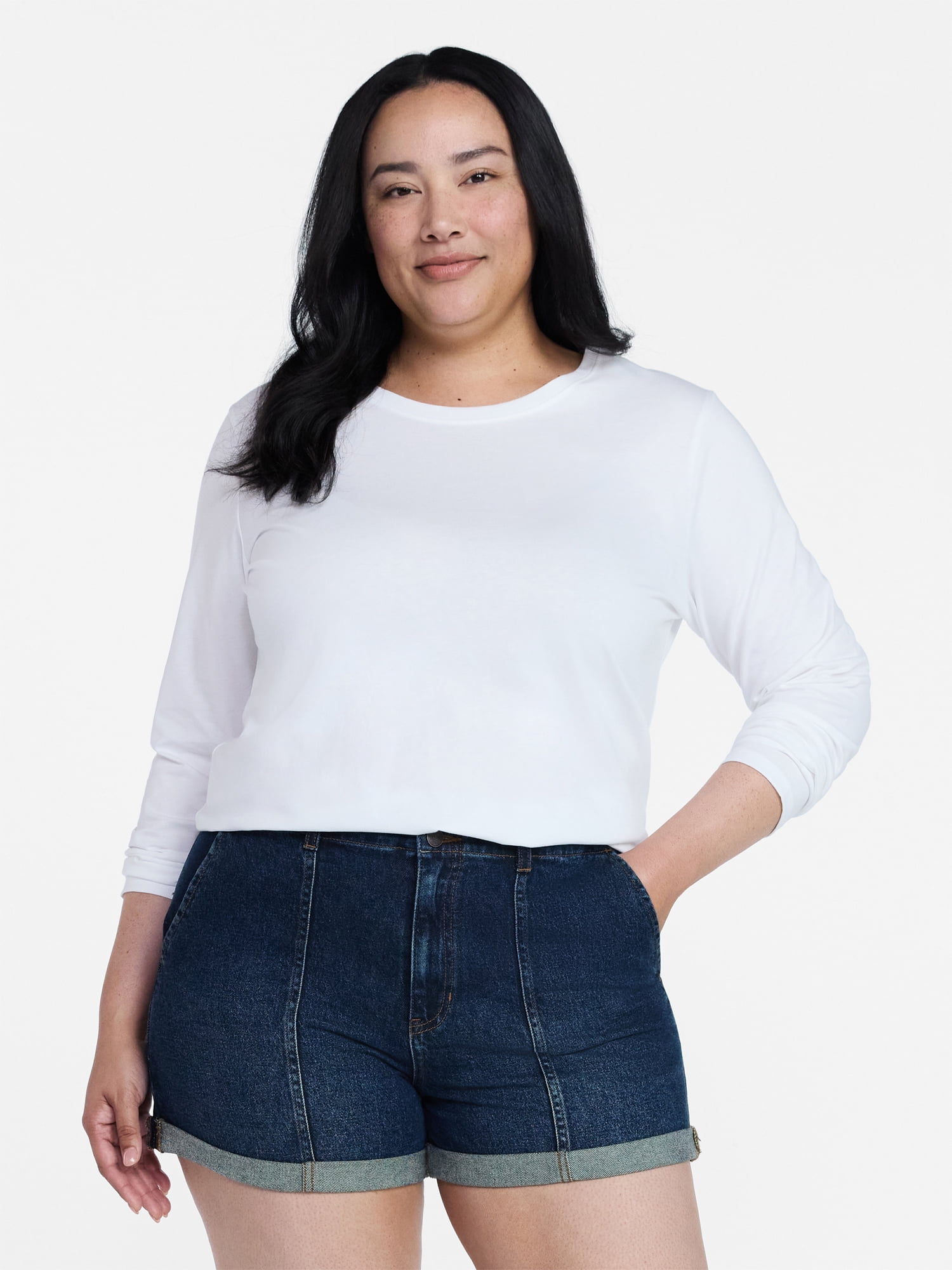 Time and Tru Women's Crewneck Tee with Long Sleeves, Sizes XS-XXXL
