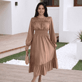 thumbnail image 5 of Women Solid Polyester Midi Dresses, Elegant Ruffle Crew Neck Smocked Waist Flowy Tiered Long Dress, 5 of 5