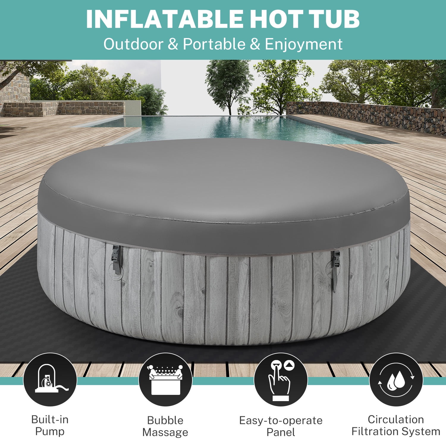 Hot Tub with Cup Holder, Outdoor Inflatable Home Spa, All-In-One Hot Tub w/Hidden Pump, 4 Filters, 82'' Round Portable Pool for 6 Person W/130pcs Jets