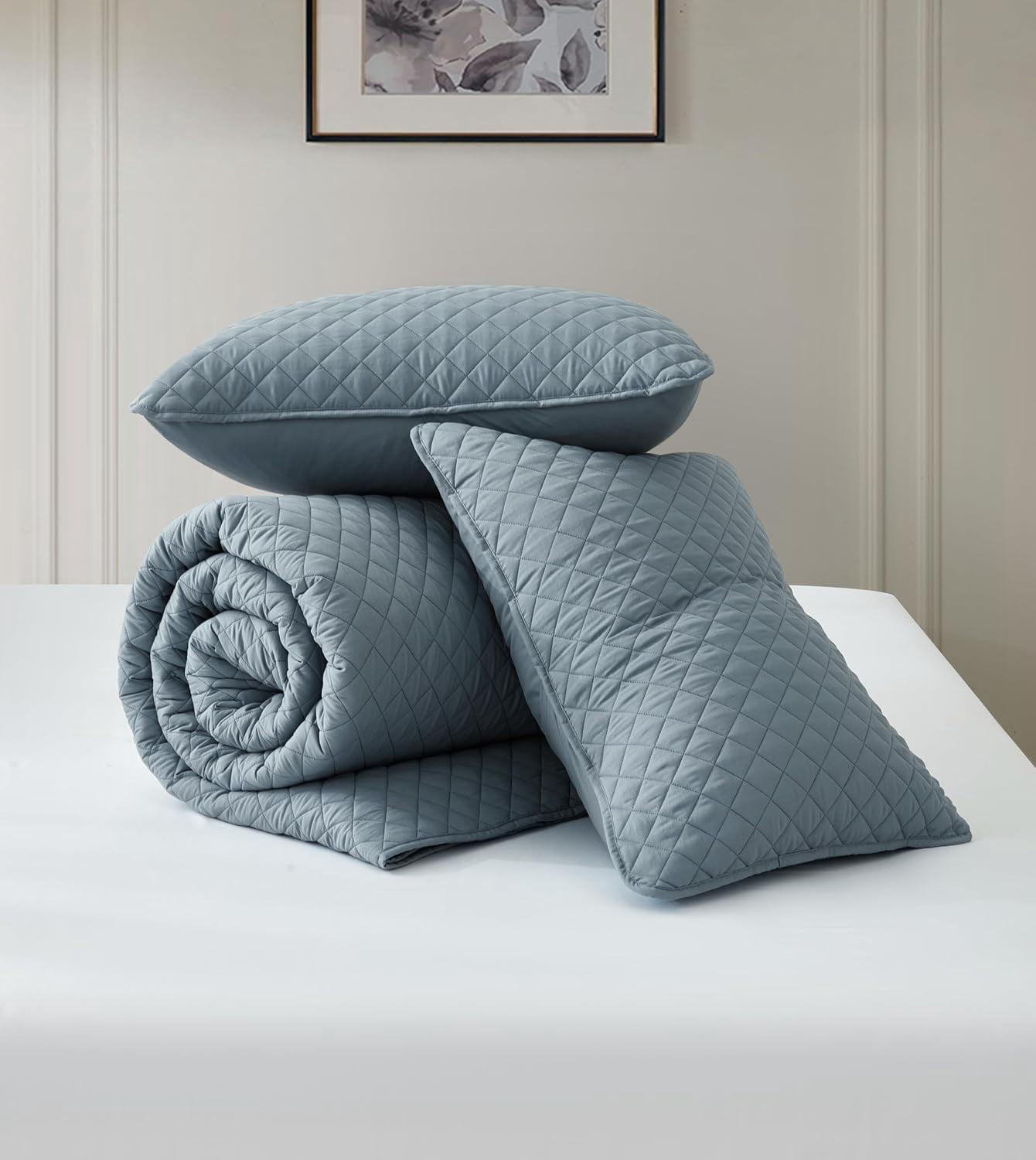Chezmoi Collection Teo 3-Piece Dusty Blue Queen Size Quilt Set - Diamond Stitched Lightweight Microfiber Bedspread Set Bedspread Set for All Seasons
