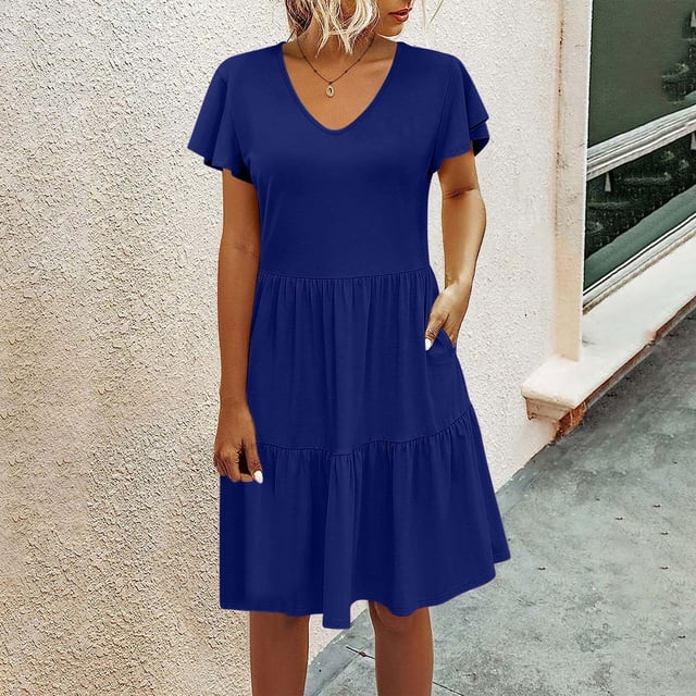 Robe d'Été pour Femmes 2024 Mode Grande Taille Décontractée Robe Débardeur Ample Plage Col en V avec Poches Robe Manches Courtes 50 % de Réduction!