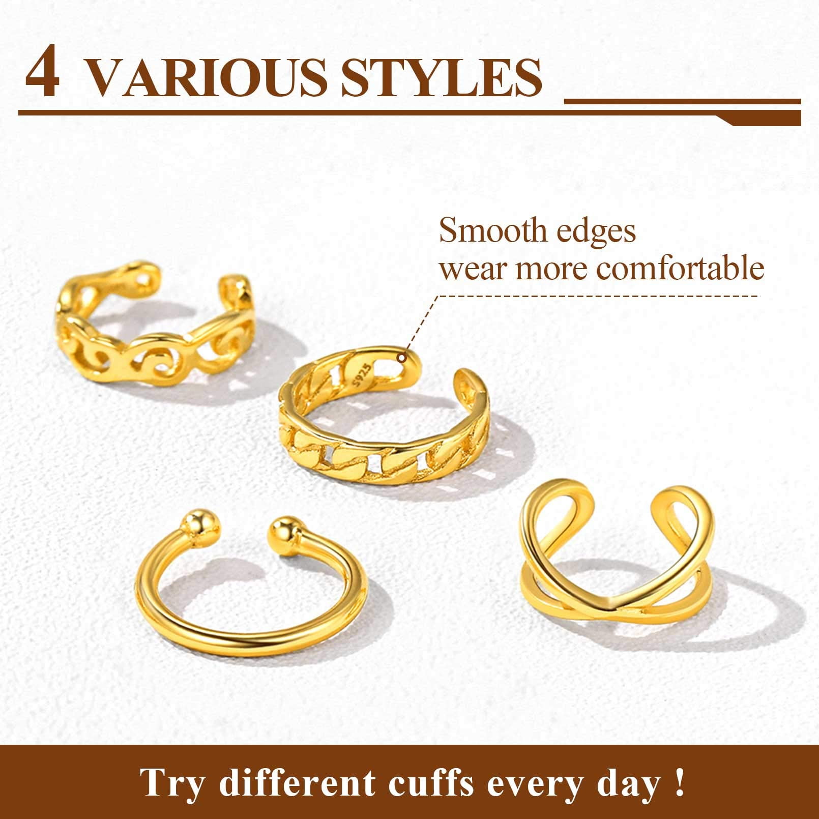 ChicSilver 4 Pcs Ear Cuff for Women Sterling Silver Earrings No Piercing Cartilage Earring Clip On Cartilage Earrings for (Gold) | Clearance