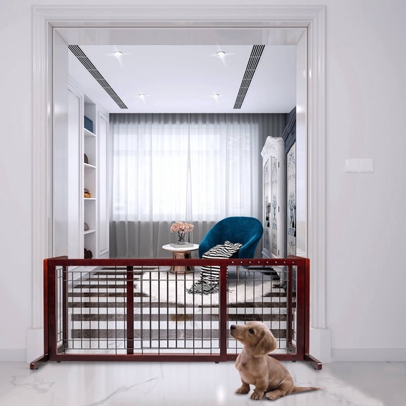 ROVSUN Freestanding Indoor Pet Gate, Solid Wooden Dog Fence for House, Doorways and Stairs