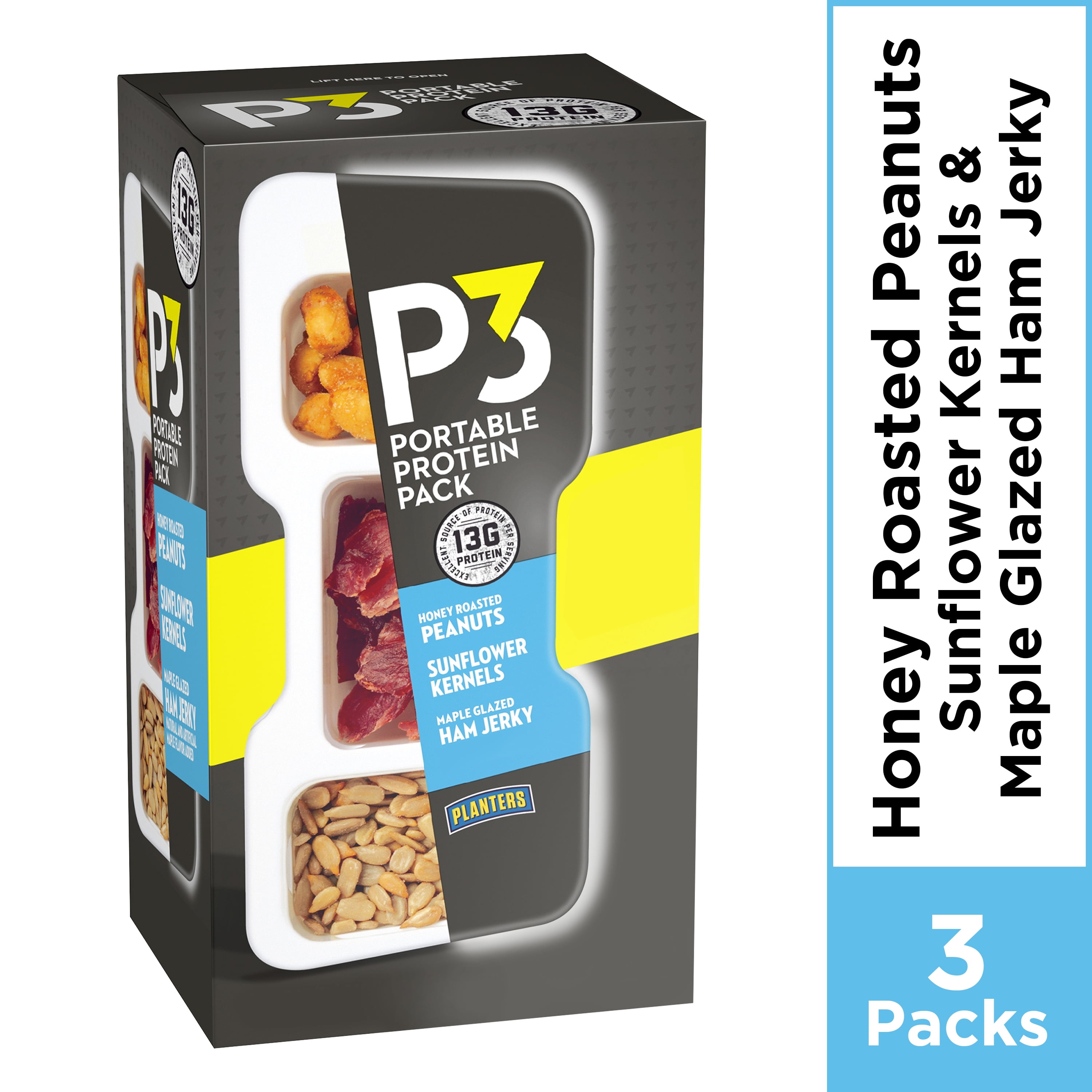 Planters P3 Honey Roasted Peanuts, Maple Glazed Ham Jerky, Sunflower