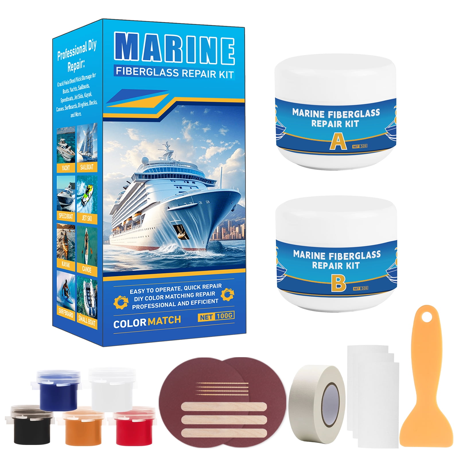 LANBOKIT Marine Fiberglass Repair Kit for Boats(Color Match), Gel Coat Repair Kit for Boats, Boat Gelcoat Repair Kit, Epoxy Filler for Boats, Fiberglass Boat Repair Kit Fix Holes, Chips, Pits, Cracks