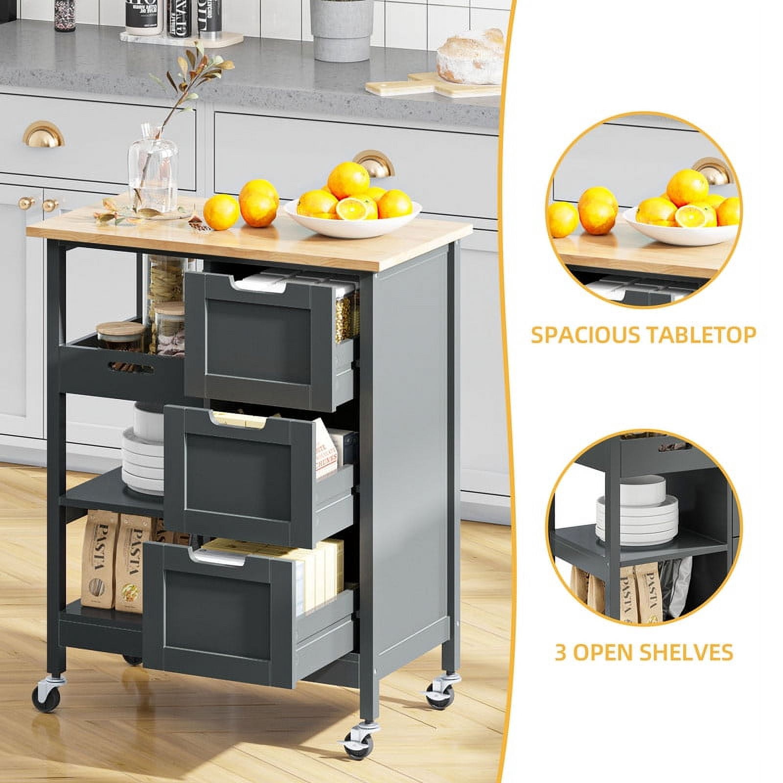 DWVO 3 Tier Kitchen Island Cart with Storage, Rolling Kitchen Cart with Large Countertop, Opening Shelves and Drawers for Kitchen Dining Room, Gray