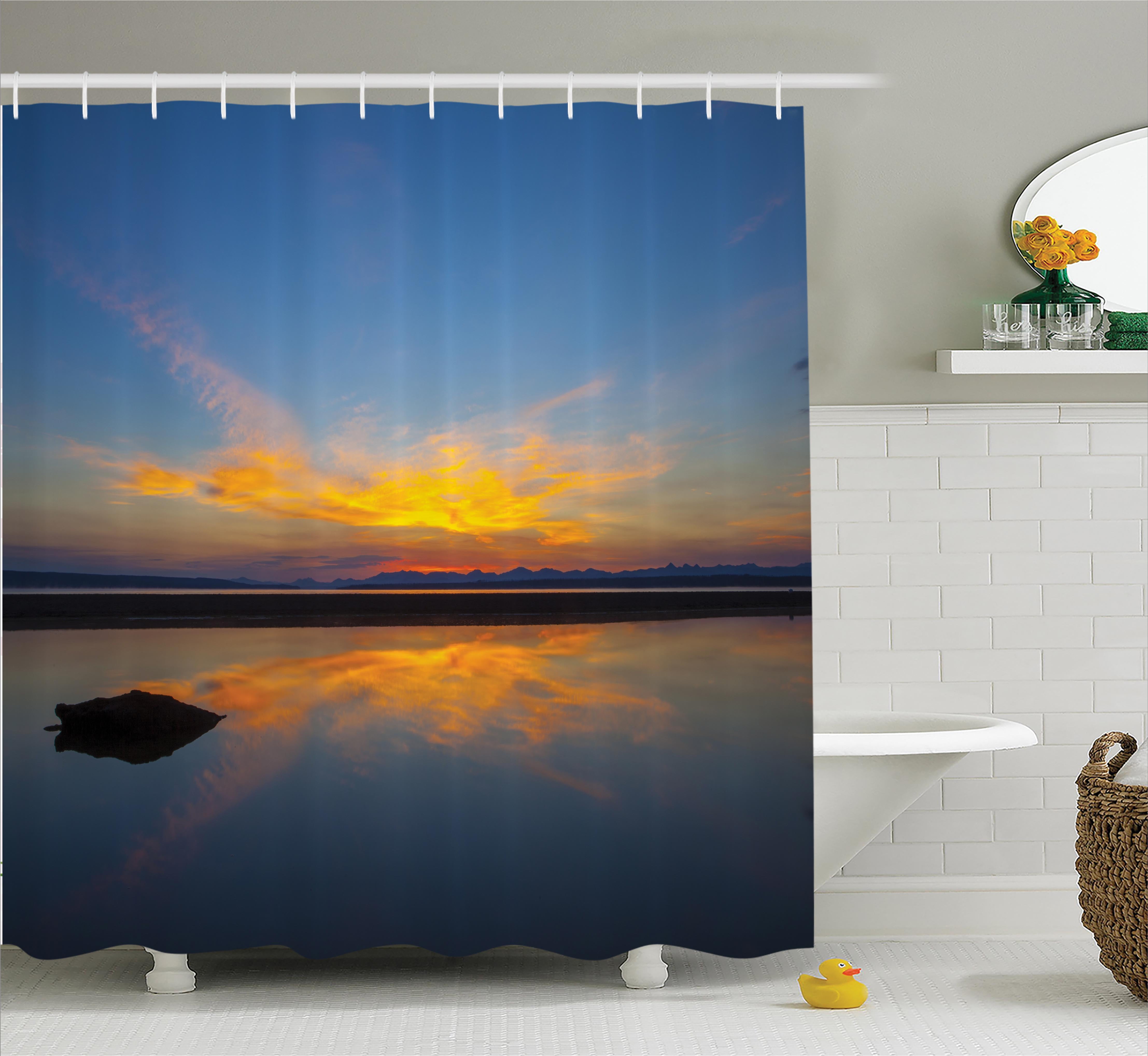 Yellowstone Decor Shower Curtain, National Park Sunrise on Lakeside