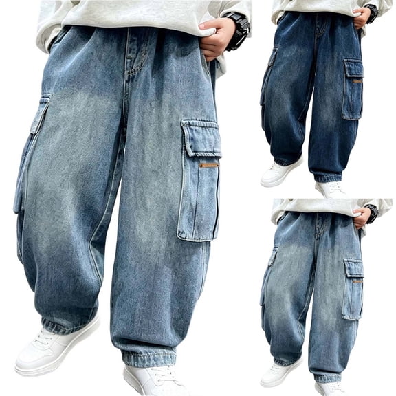 ZBSOKO Cargo Joggers for Boys Open Bottom Wide Leg Fashion Jeans with Flap Pockets Loose Fit Utility Trousers Sizes 7-17 Years