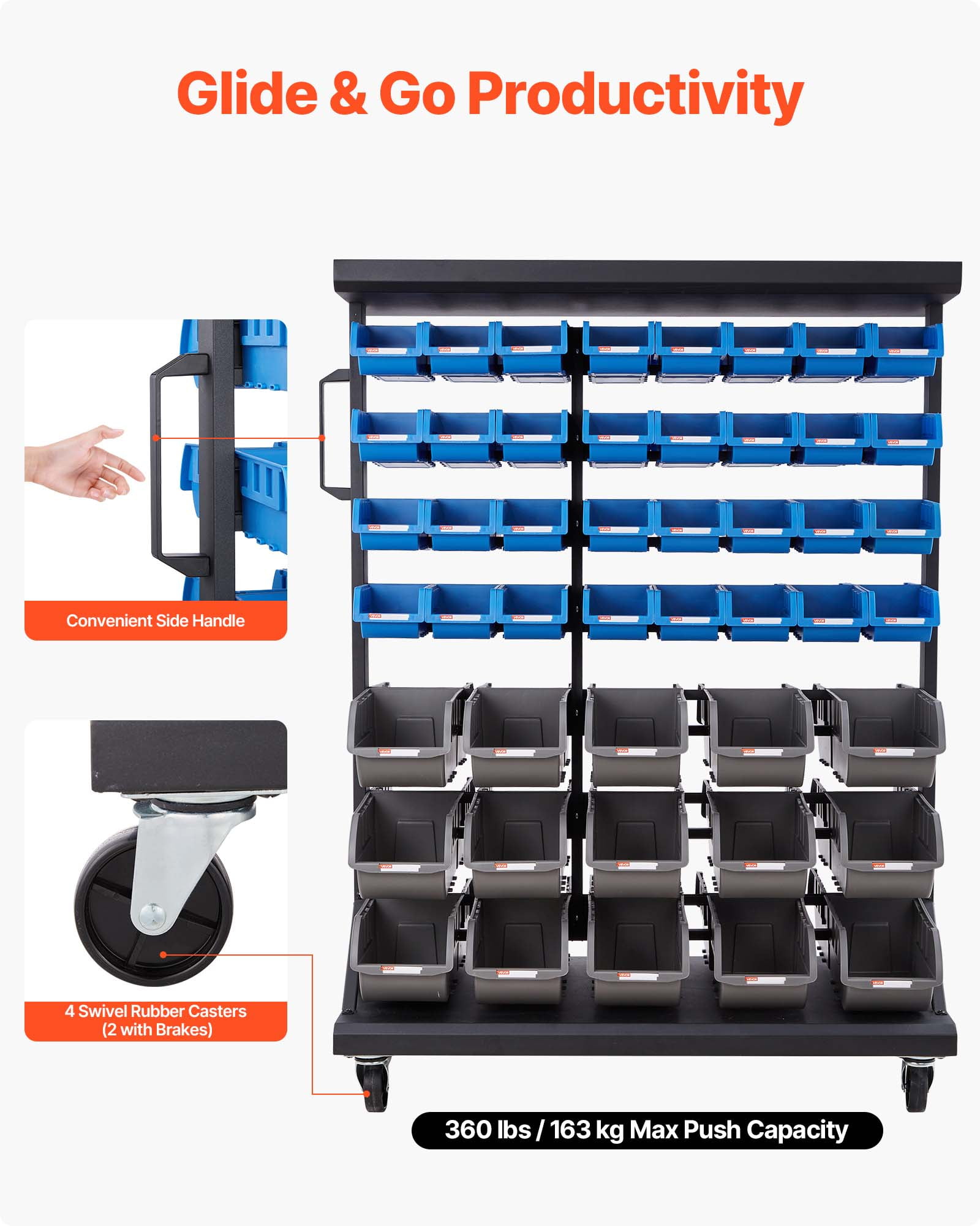 VEVOR 7-Tier Double-Sided Rolling Bin Storage Rack, 94 Plastic Bins, Dual-Sided Parts Organizer with Wheels, Mobile Tool Organizer for Garage, Warehouse, Office, Restaurant, Classroom, Kitchen