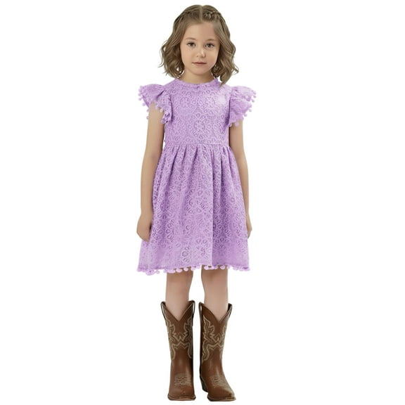 2Bunnies Girls’ Vintage Lace Pom Pom Trim Flutter Sleeve Party Dress