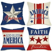 Fahrendom 4th of July YPF5 God Bless America Decorative Throw Pillow Covers 18 x 18 Set of 4, USA Stripes Stars Land of The Free Outdoor Pillowcase, American Faith Freedom Cushion Case Home Decor