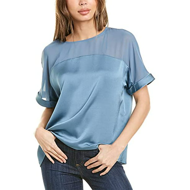 Vince Camuto Short Sleeve Hammer Satin with Chiffon Blouse 