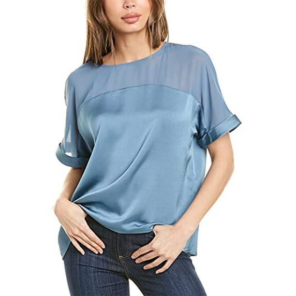 Vince Camuto Short Sleeve Hammer Satin with Chiffon Blouse Vince Camuto Short Sleeve Hammer Satin with Chiffon Blouse